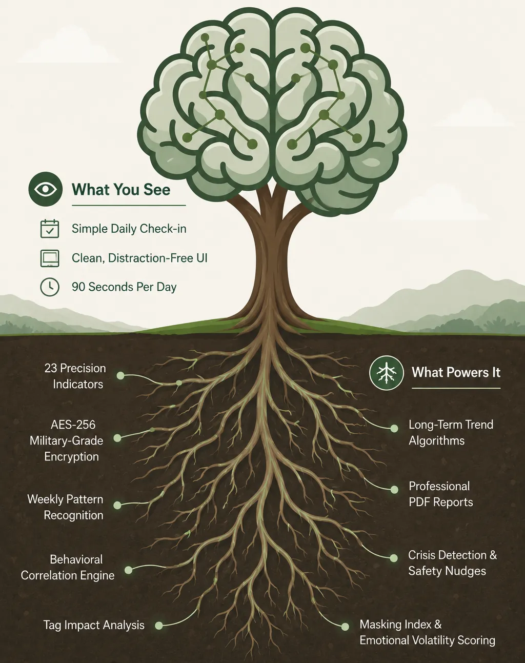 TheraNode tree concept — simple interface above, powerful analytics engine below