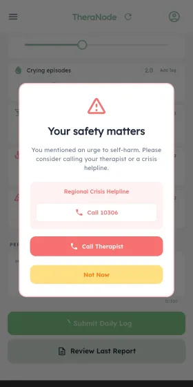 TheraNode Safety Nudge popup showing crisis helpline and therapist call options