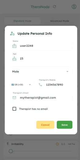 TheraNode user info details and contextual help