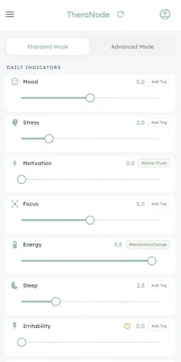 TheraNode daily logging screen with mood, stress, and energy sliders